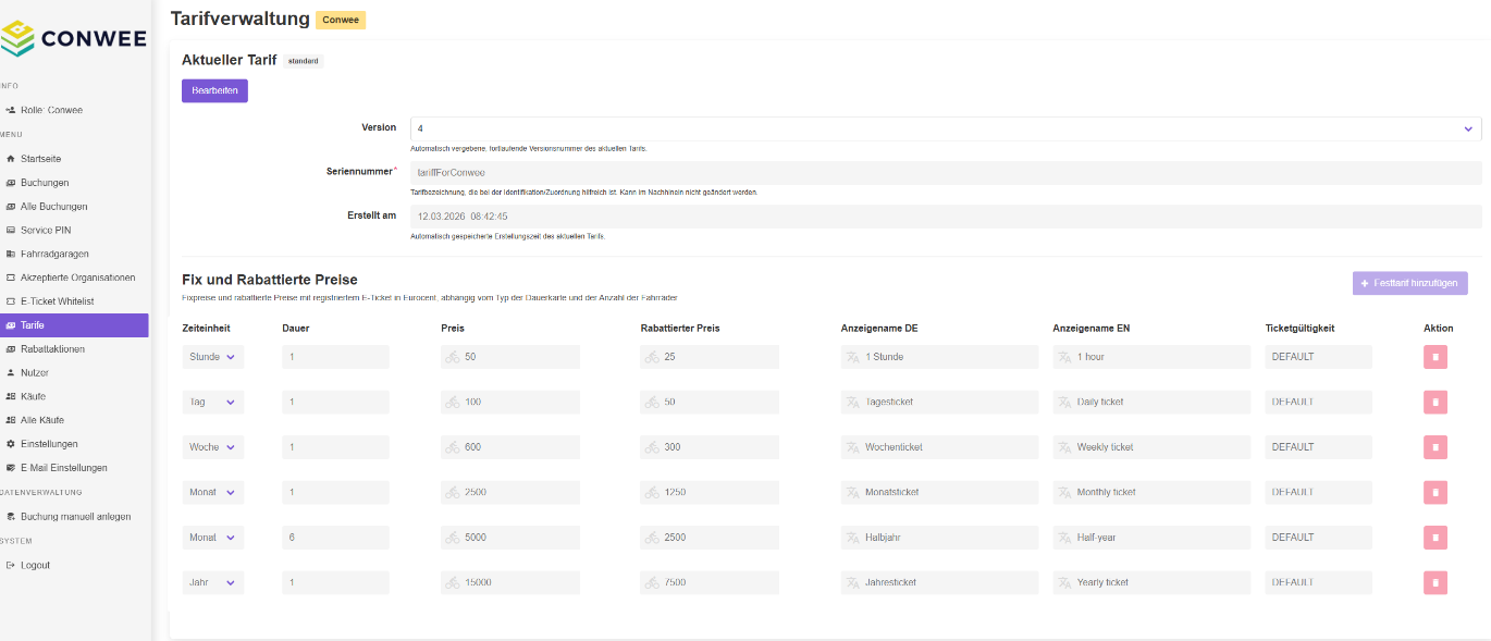 Conwee Dashboard – Tarifverwaltung