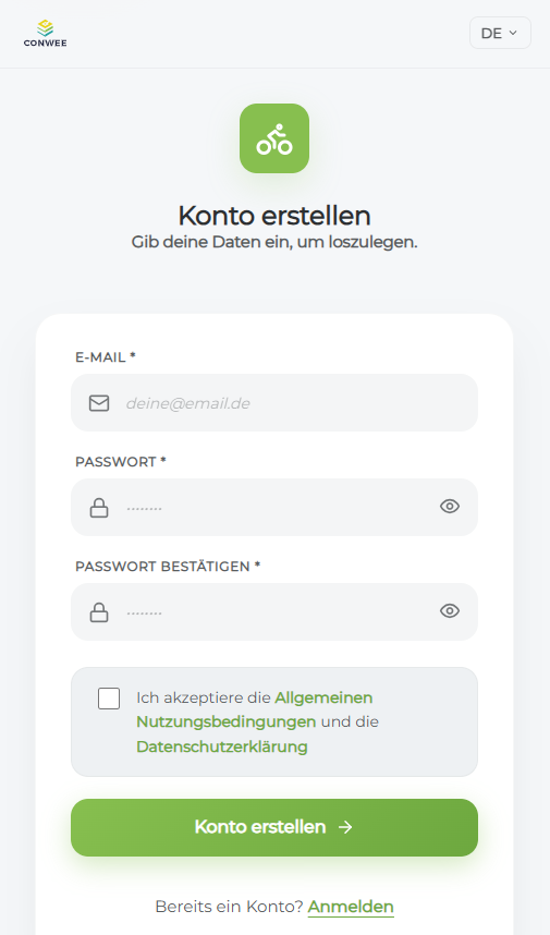 Conwee App – Registrierung / Login
